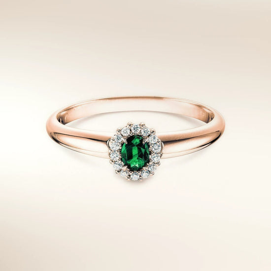 Verlobungsring JOLIE Roségold 585 mit Smaragd & Diamanten – Trauringmacher München & Freising