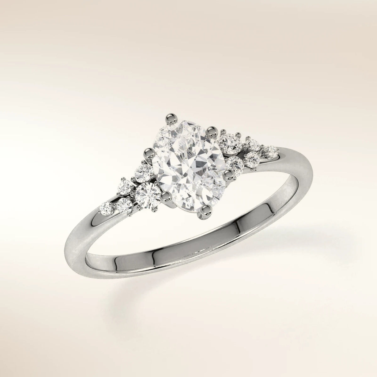 Verlobungsring MIRA OVAL Weißgold 585 mit ovalem Diamant & Seitendiamanten – Trauringmacher München & Freising