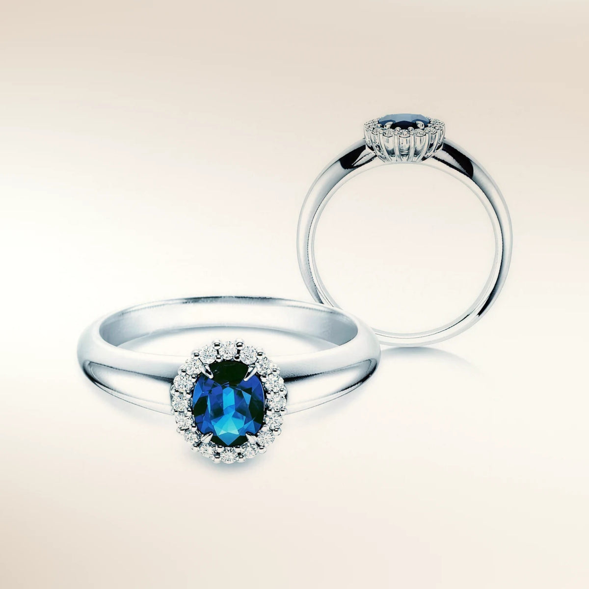 Verlobungsring WINDSOR Platin 950, ovaler Saphir mit Diamant-Halo – Trauringmacher München & Freising