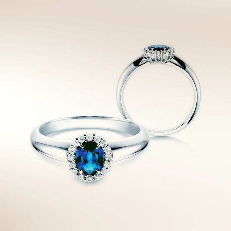 Verlobungsring WINDSOR Platin 950, ovaler Saphir mit Diamant-Halo – Trauringmacher München & Freising